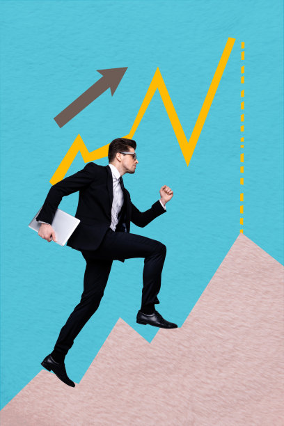 趋势艺术作品复合3D照片拼贴设计，年轻男士身穿西装，朝着目标攀登，走向箭头方向，远处有笔记本电脑。图片下载