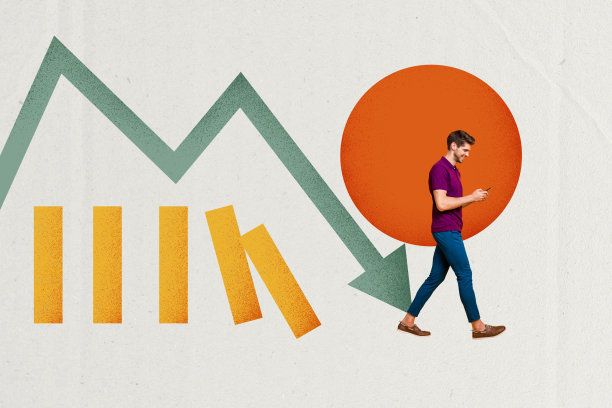 交易员商业损失危机通货膨胀的复合趋势艺术作品草图照片拼贴，年轻男子走路时手持智能手机，箭头向下。图片下载