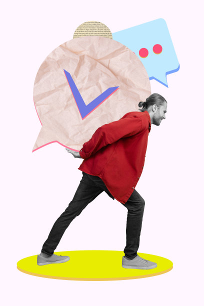 年轻男孩走路时手持巨大的信息网络对话应用文本框的3D照片拼贴艺术作品蒙太奇图片下载