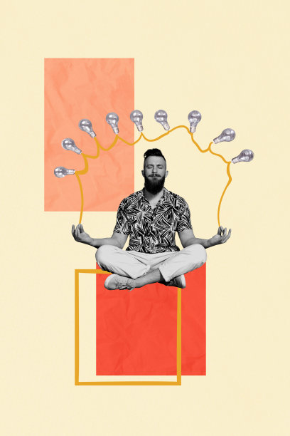 年轻男子坐着冥想的拼贴艺术照片模板，保持冷静，拼图创意，思维启发，花环创意灯。图片下载