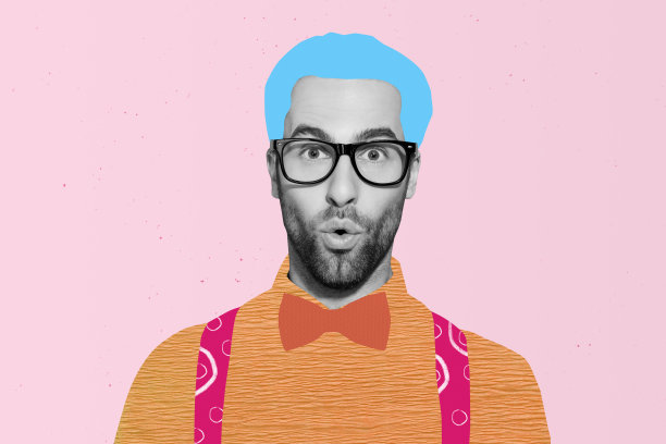 惊讶的男子穿着正式衬衫、领结和眼镜，戴着蓝色假发，进行洗发护发疗法的拼贴照片，背景为涂鸦风格。图片下载