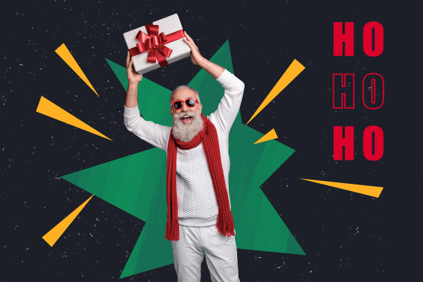 趋势艺术横幅草图 3D 照片拼贴 新年传统 圣诞冬季 老年人 圣诞老人 手持礼品盒 哈哈哈 明信片图片下载
