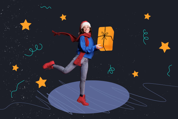 三维照片拼贴艺术作品，展示了年轻女性手持礼物盒，传递出圣诞和新年快乐的气氛。图片下载