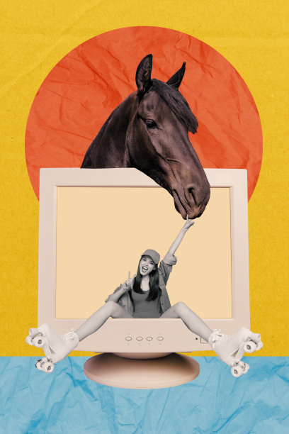 过时的计算机显示器的素描艺术作品，复合3D照片拼贴，年轻女性坐在滑轮鞋上，马头动物与自然景观。图片下载