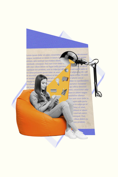 年轻女士坐在豆袋椅上，创作故事，书写笔记，周围有知识书籍和创意灯光的3D照片拼贴艺术作品图片下载