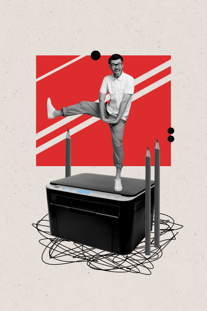 快乐商人在打印机工具、办公设备、激光传真机和扫描仪前跳舞的垂直照片拼贴，背景为涂鸦风格。图片下载