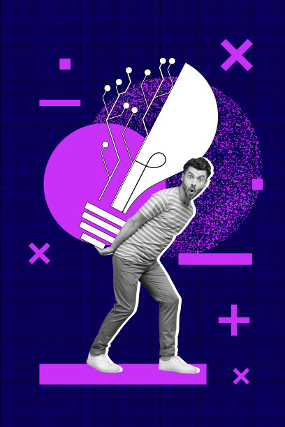 惊讶的男子手持网络灯泡，展示人工智能应用开发的趋势横幅竖版照片拼贴。图片下载