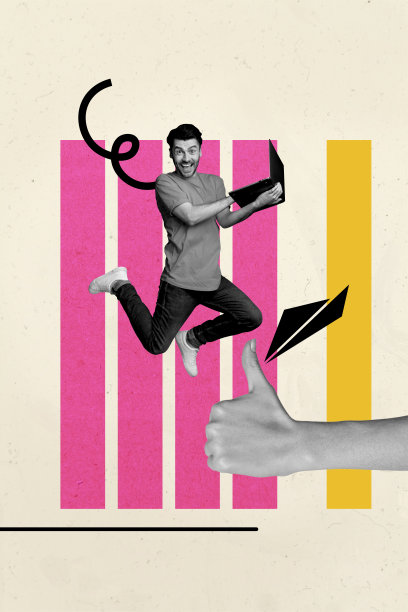 年轻男孩在工作时跳跃，手臂上有巨大的袖子手势，竖起大拇指表示成功，照片拼贴艺术作品。图片下载