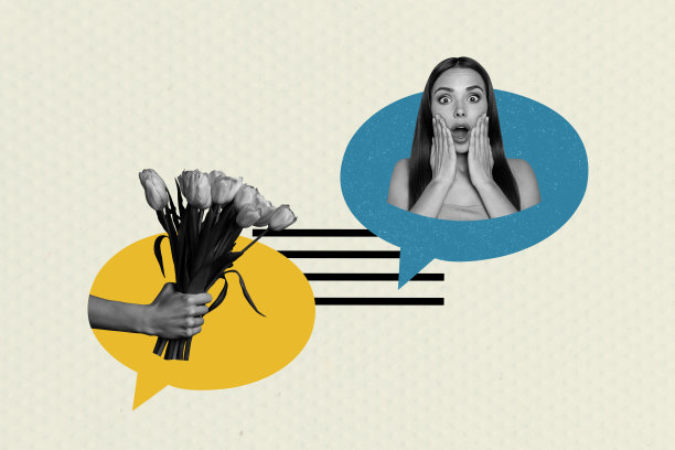 3D照片拼贴趋势草图模板，艺术作品展示了一个年轻女士的头部，惊讶地握着一束花，背景是对话气泡和社交媒体应用消息。图片下载