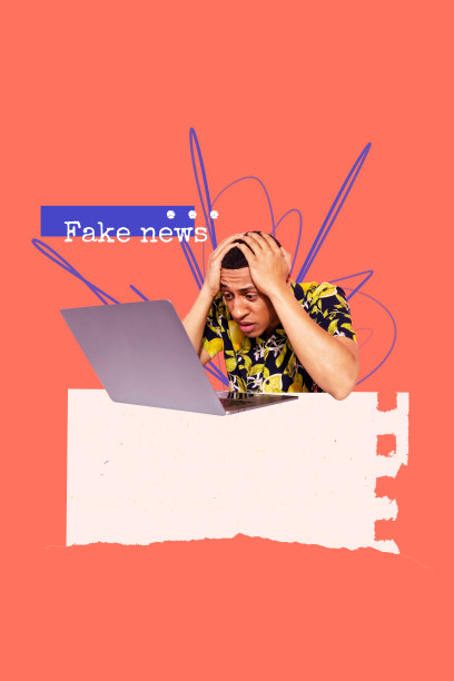 商业年轻人头痛震惊的面孔，盯着笔记本电脑阅读假新闻宣传的综合趋势艺术作品草图照片拼贴。图片下载