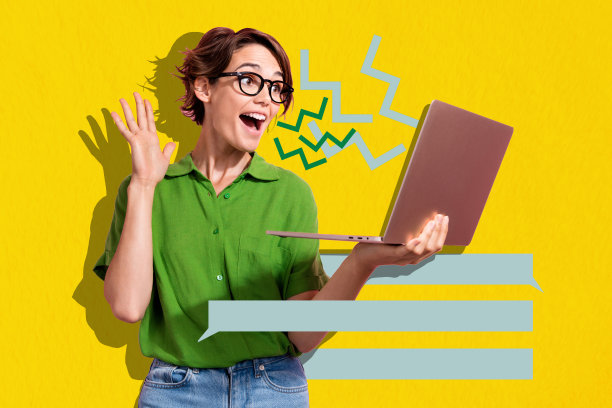 快乐女孩在涂鸦背景前挥手打招呼，进行视频通话，远程与笔记本电脑沟通的拼贴照片。图片下载