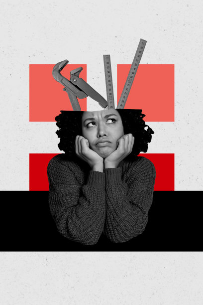 年轻女士坐姿模特的合成趋势艺术作品草图，照片拼贴，半个头部，工具尺子测量，悲伤表情符号，心情不好图片下载