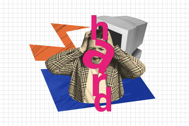 创意照片海报趋势艺术拼贴，困惑的女孩尖叫着捂住头，电脑显示器，办公室工作负荷压力，闪电，倦怠，疲惫。图片下载