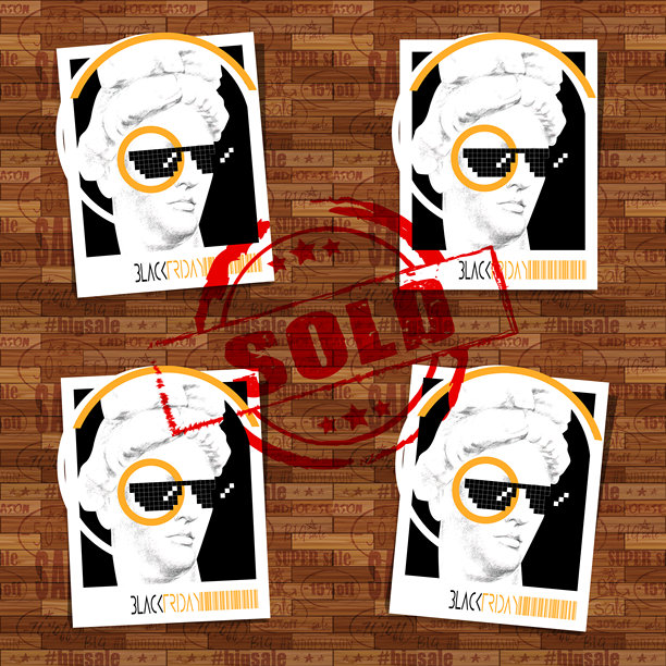 黑色星期五。复古古董宝丽来阿波罗照片，上面有“已售出”印章，背景是抽象的木地板和折扣信息。创意时尚的促销海报或销售模板。图片下载