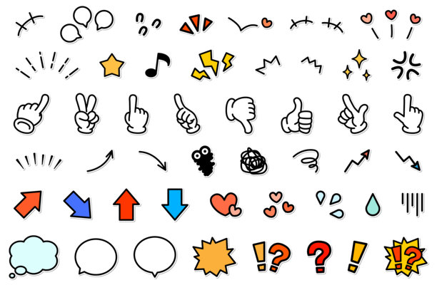 贴纸风格简单卡通情感表达矢量插图素材集，箭头手势，气泡，Hatena图片下载
