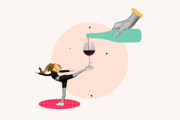 运动女性佩戴大象面具，伸展身体的同时将红酒倒入玻璃杯，背景为米色的照片广告拼贴。图片下载