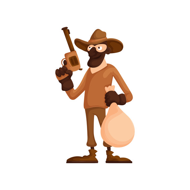 卡通风格的蒙面牛仔强盗，手持手枪和装满赃物的袋子，自信地站在白色背景上。图片下载