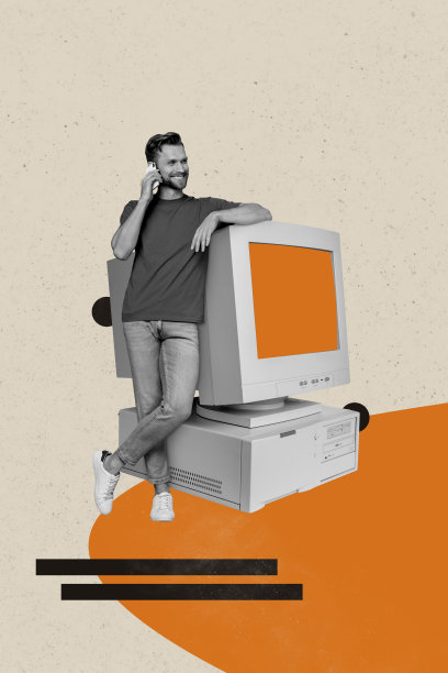 快乐的男人在电话营销中与客户支持服务进行沟通，站在电脑显示器前，背景为涂鸦风格的画面，呈现出竖版照片拼贴效果。图片下载