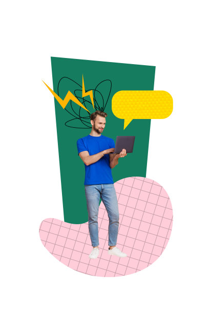 快乐的男人手持笔记本电脑，打字信息通知气泡，社交媒体交流，垂直照片拼贴，背景为涂鸦风格。图片下载