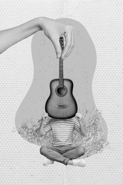 无头男子的拼贴照片，抽象风格，隐藏吉他，面孔音乐爱好者，靠近花朵，孤立在青色背景上。图片下载