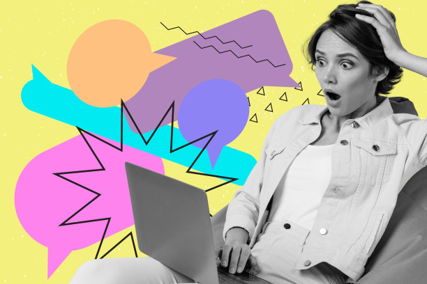 年轻搞笑的失业女孩盯着招聘者发送的低薪工作邀请，背景为黄色的照片拼贴。图片下载