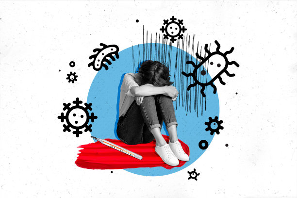 年轻女孩因微生物攻击健康而感到压力，哭泣并害怕，躲藏在白色背景下，照片拼贴。图片下载