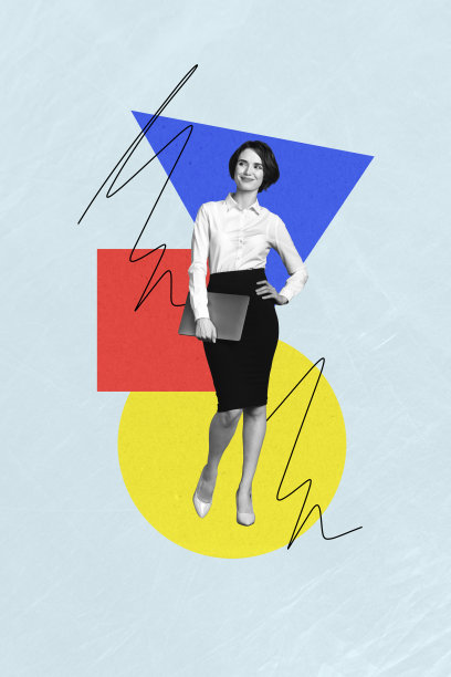 年轻美丽的职业女性穿着正式服装，手持笔记本电脑，沉思于抽象背景中的垂直现代照片拼贴。图片下载