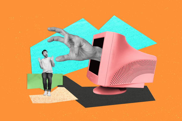 现代设计理念的照片概念：年轻男孩害怕触碰电脑，因网络欺凌而感到恐惧，双手从显示器中抓住他。图片下载