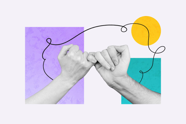 手握小指的宽恕手势，表达爱意与商业合作的复合照片拼贴，背景为涂鸦风格。图片下载