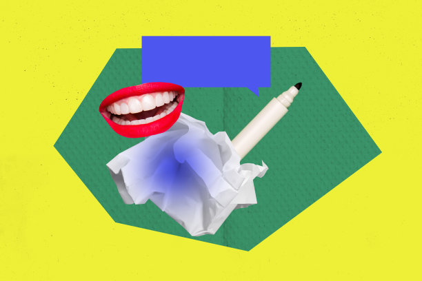 抽象匿名嘴唇的合成素描设计艺术作品，3D照片拼贴，纸球、垃圾纸、马克笔工具、对话云、短信。图片下载