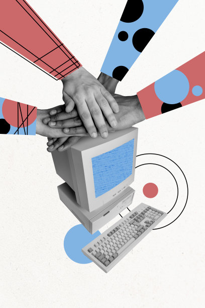 垂直照片拼贴，手掌握住公司合作的电脑设备键盘，目标孤立在涂漆背景上。图片下载