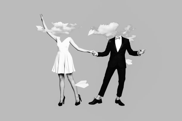 创意照片3D拼贴艺术明信片海报，奇怪的无头舞者在画作背景下的天空中跳舞。图片下载