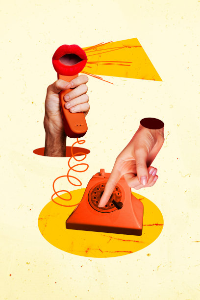 手持电话听筒的垂直照片拼贴，呼叫中心网络通信，嘴巴交谈，背景为涂鸦风格。图片下载