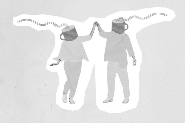 新咖啡馆开业邀请函拼贴照片横幅，夫妻老板一起在米色背景下手持咖啡杯跳舞，热拿铁独立展示。图片下载