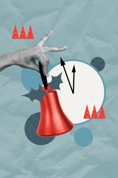 3D创意垂直艺术照片拼贴，手握圣诞铃铛装饰环，迎接新年夜晚的箭头冬季节日场合图片下载