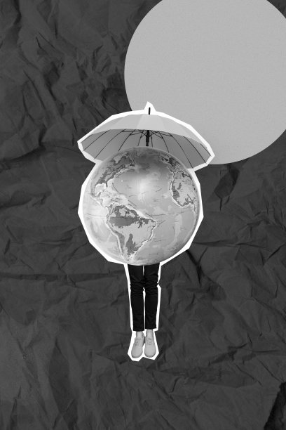 年轻男子的拼贴照片，手持黄色雨伞，站在地球表面上，背景为蓝色纸张，阳光明媚。图片下载