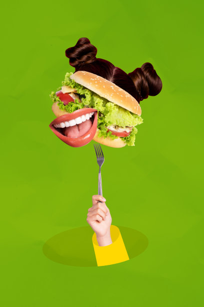 手握叉子的汉堡竖向照片拼贴，面无表情的女孩，发型、嘴巴、微笑、碳水化合物，背景为涂鸦风格。图片下载