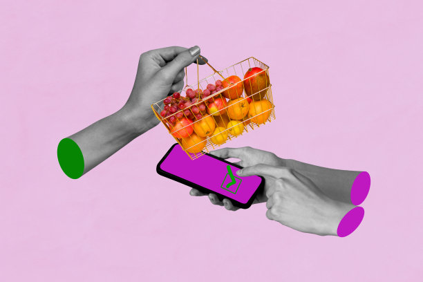 手握手机设备的复合照片拼贴，批准购买水果（橙子、苹果、葡萄）购物车，背景为涂鸦风格。图片下载