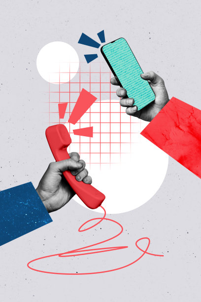 草图设计趋势艺术海报，3D照片拼贴，隐秘的手握着座机电话，进行通话，智能手机博主聊天图片下载