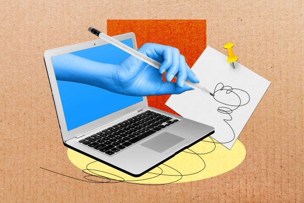 复合趋势艺术作品 3D 草图照片拼贴，一只手出现在电脑显示器上，远程操作笔记本电脑，握着铅笔绘画。图片下载