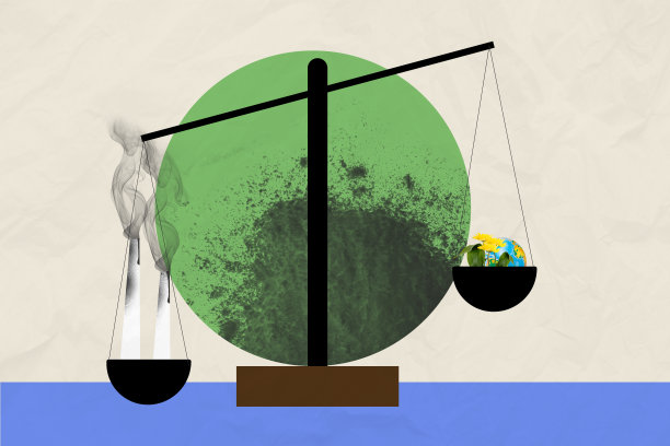 工厂烟雾与自然花卉、地球保护的空气排放比较的合成照片拼贴，背景为涂鸦风格。图片下载