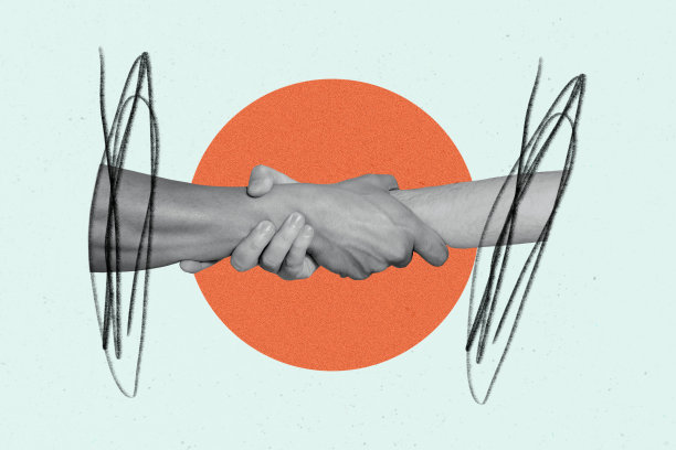 两位商务人士握手的合成照片拼贴，象征成功交易、合作、发展、团队合作和伙伴关系。图片下载