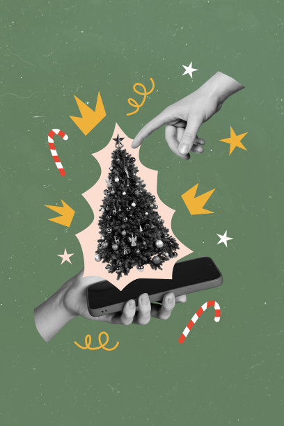 当代艺术竖版照片，手持手机的新年树装饰，五彩纸屑和糖果的传统展示，背景为绿色。图片下载