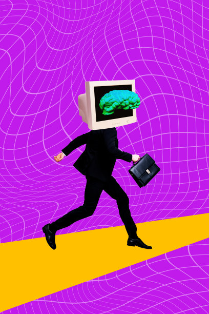 无头年轻人奔跑的3D照片拼贴模板趋势艺术作品草图，包含微芯片、人工计算机显示器和思考的大脑。图片下载