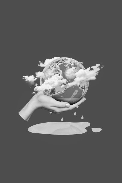 手握世界行星球体的拼贴照片，展示大陆、云层、空气污染、温度升高、干涸的海洋，背景为蓝色。图片下载