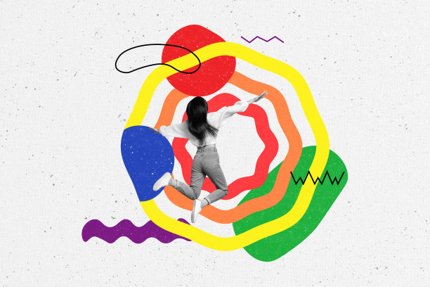 无忧无虑的快乐女孩在彩色背景上飞翔的拼贴素描背影照片图片下载