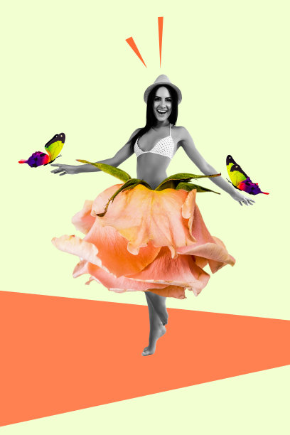 春天里，穿着玫瑰裙泳装的美丽女孩在抽象背景中与蝴蝶嬉戏，展现出积极的快乐气息的竖版照片拼贴。图片下载