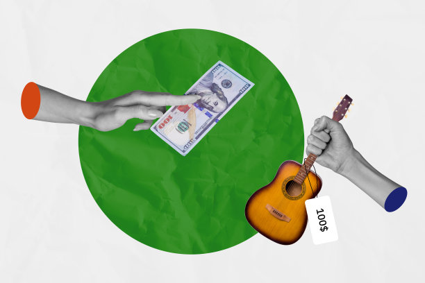 手持美元现金、吉他商品的复合照片拼贴，背景为涂鸦风格。图片下载