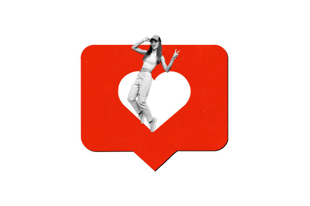 年轻嘻哈舞者女性站在巨大的心形爱心图标中，横向照片拼贴模板，背景为白色。图片下载