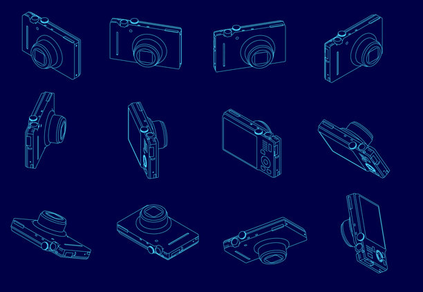 一系列蓝色相机的图片。相机从不同角度和不同位置展示，所有图片都是蓝色的。图片下载